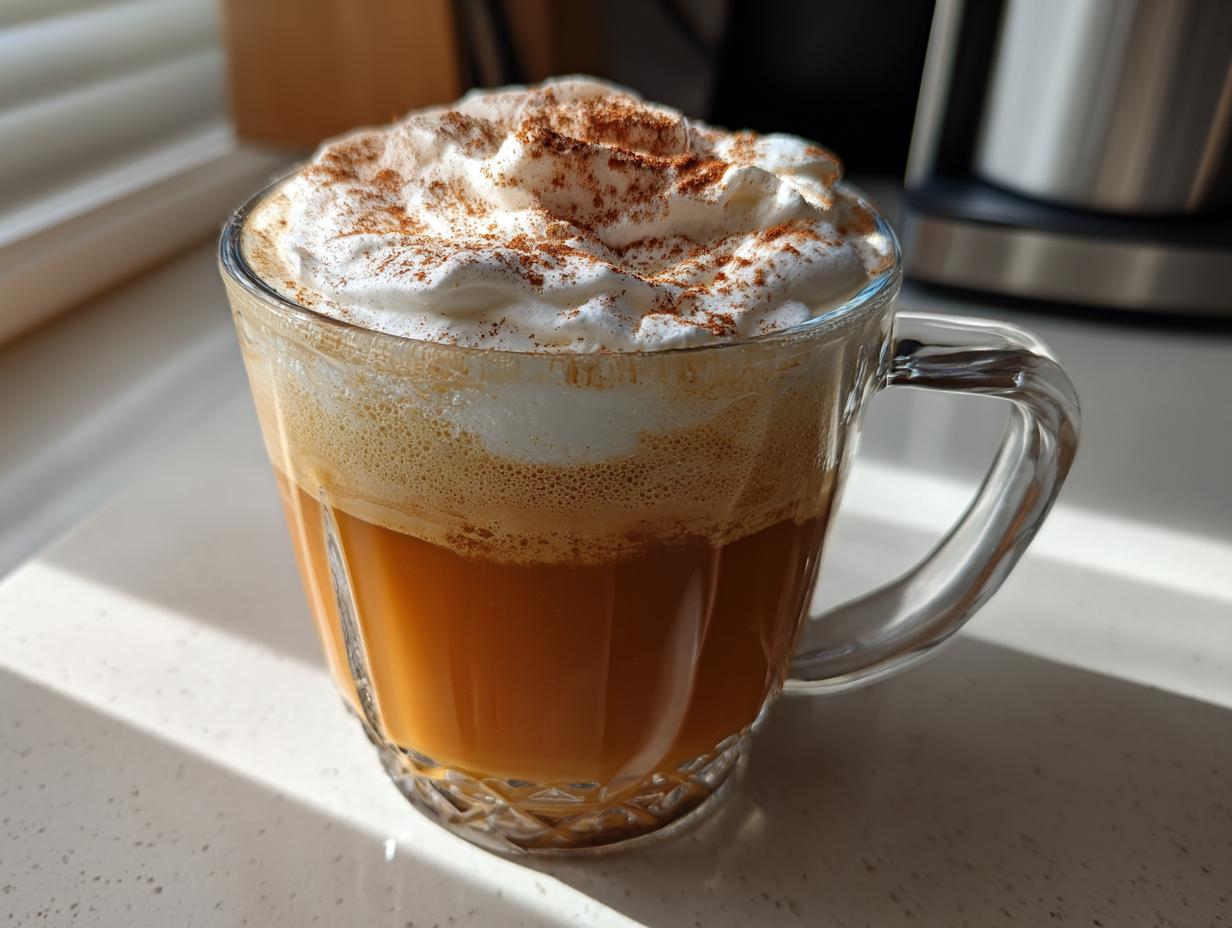A rich, orange-colored pumpkin spice latte topped with whipped cream and cinnamon in a clear glass mug.