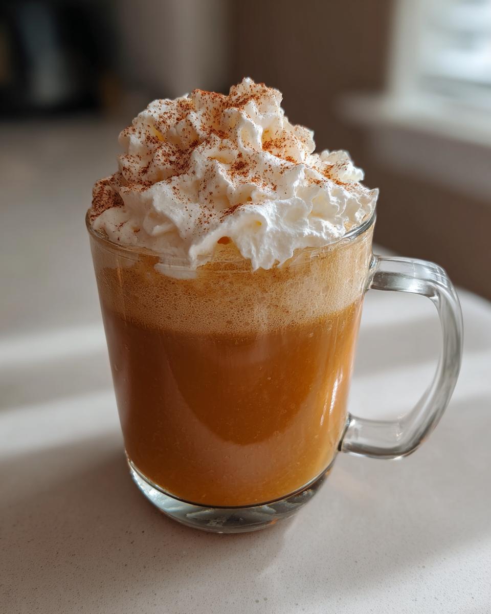 A tall glass mug filled with a rich orange pumpkin spice latte topped high with whipped cream and dusted with cinnamon.