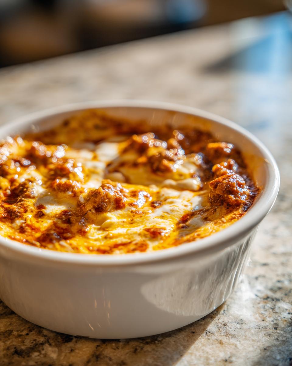 Close-up of hot, bubbly sausage cream cheese dip baked in a small white ramekin.
