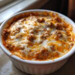 Close-up of hot, bubbly sausage cream cheese dip topped with melted white and orange cheese in a white ramekin.