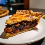 Close-up of a thick slice of juicy mincemeat pie showing the rich, dark fruit filling and flaky golden pastry crust.