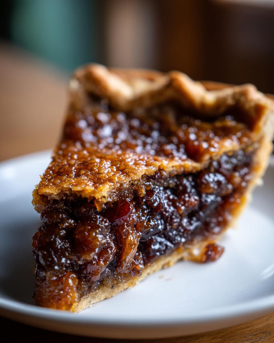 Close-up of a thick slice of mincemeat pie showing the rich, dark, glistening fruit filling and golden crust.