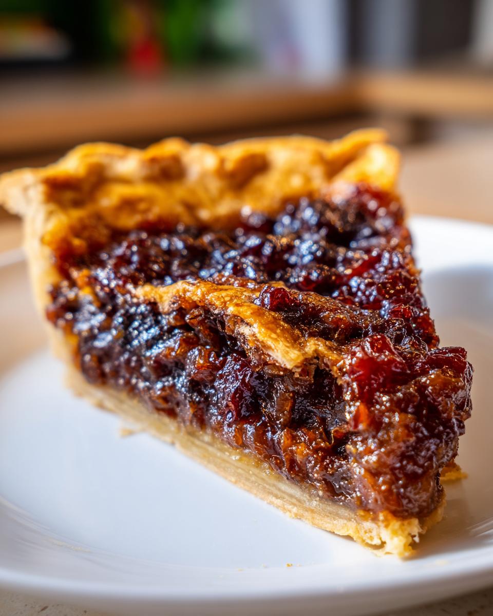 Close-up of a thick slice of juicy mincemeat pie showing the rich, dark fruit filling and golden pastry crust.