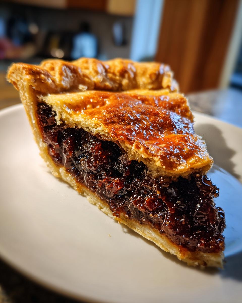 Close-up of a thick slice of juicy mincemeat pie showing the dark, rich filling and flaky, golden-brown crust.