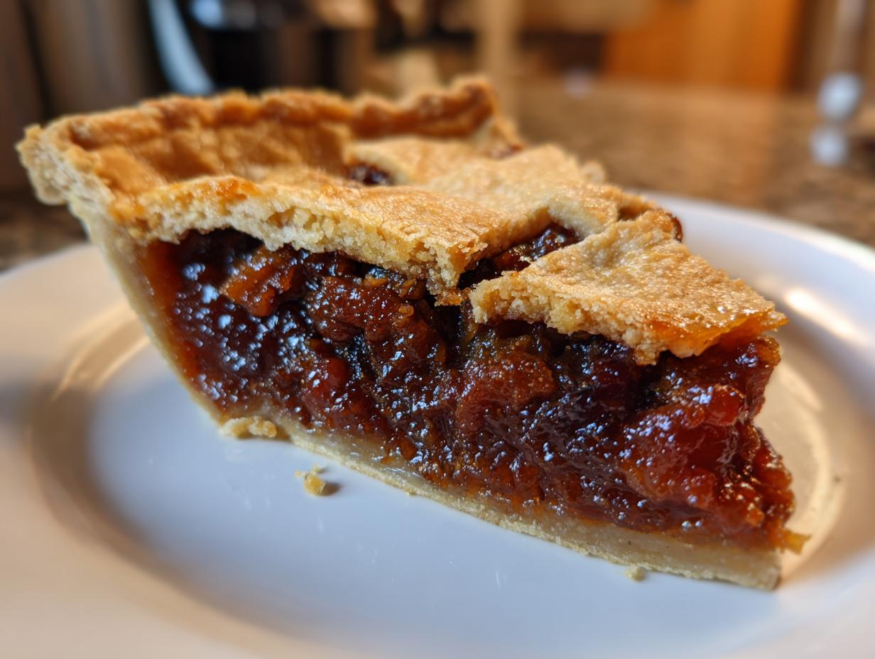 Close-up of a thick slice of mincemeat pie showing the rich, dark filling and flaky golden crust.