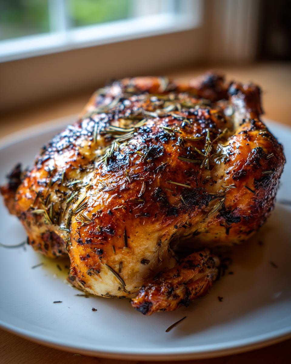 A beautifully roasted spatchcock chicken with golden, crispy skin seasoned with rosemary, resting on a white plate.