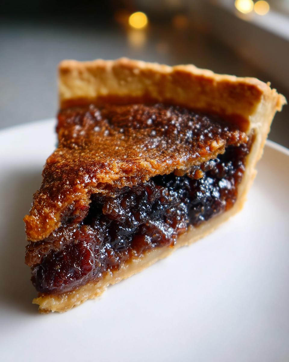 Close-up of a thick slice of mincemeat pie showing the rich, dark fruit filling and golden crust.