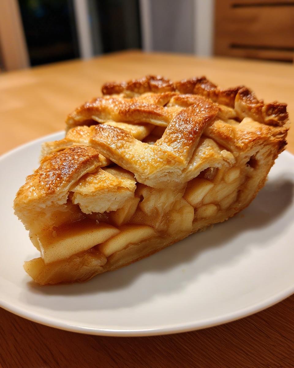 A close-up of a golden brown slice of homemade apple pie with a lattice crust, sitting on a white plate.