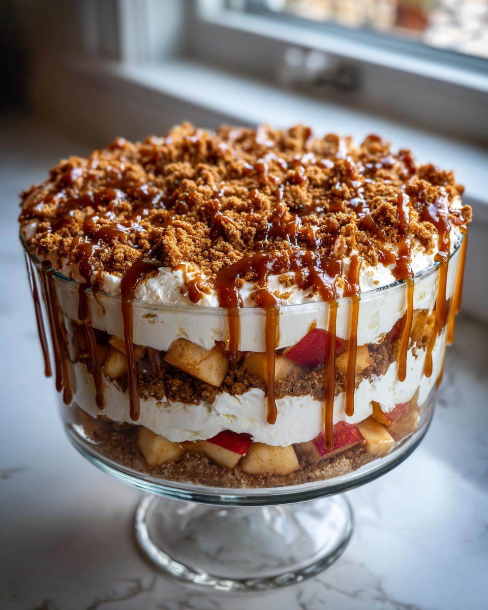 A beautiful, layered caramel apple trifle in a glass footed bowl, topped with whipped cream and caramel drizzle.