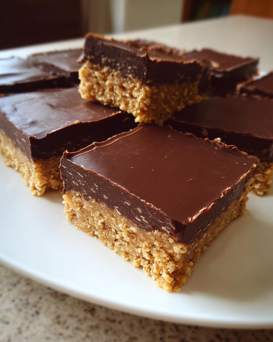 Several squares of delicious peanut butter bars with a thick, smooth chocolate topping stacked on a white plate.