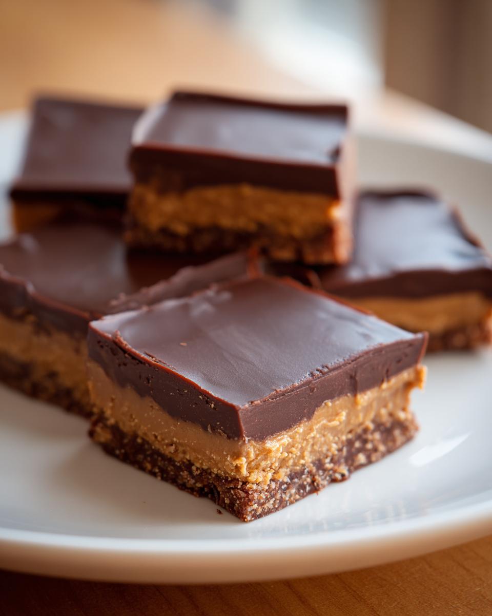 Close-up of several decadent peanut butter bars with a thick chocolate ganache layer on a white plate.