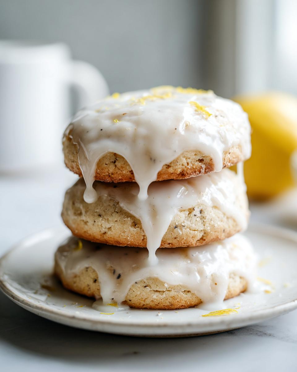 A stack of three lemon-glazed earl grey cookies drizzled with icing and topped with zest.