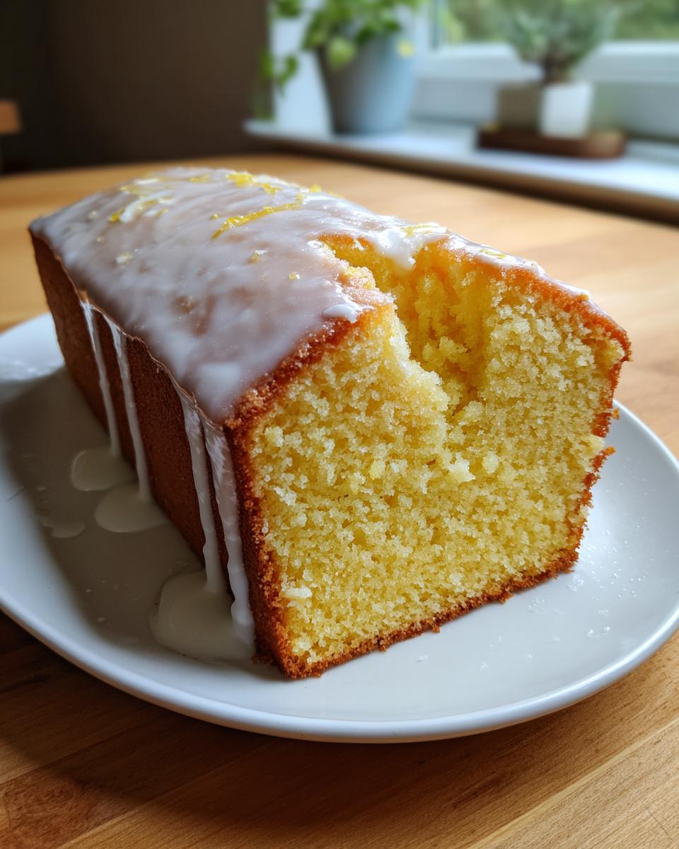 A slice taken out of a whole lemon pound cake topped with thick white glaze and lemon zest.