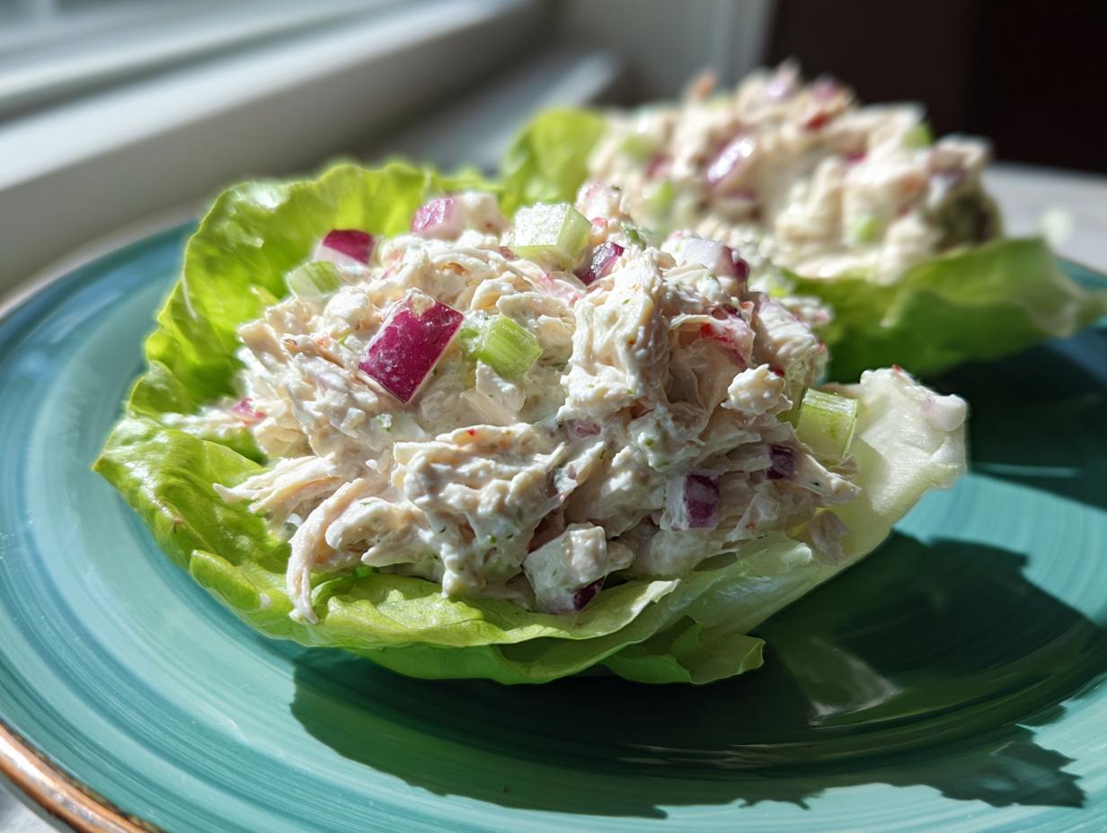 Two lettuce cups filled with creamy greek yogurt chicken salad, featuring visible chunks of red onion and celery.