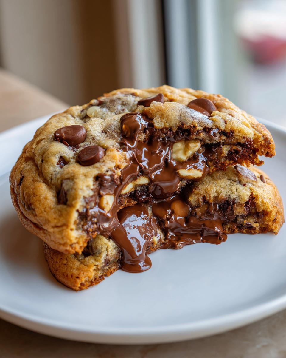 A close-up of a levain bakery chocolate chip cookie broken in half, showing gooey, melted chocolate oozing out.