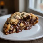Cross-section of a giant levain bakery chocolate chip cookie showing gooey, melted chocolate and chunks of white chocolate.
