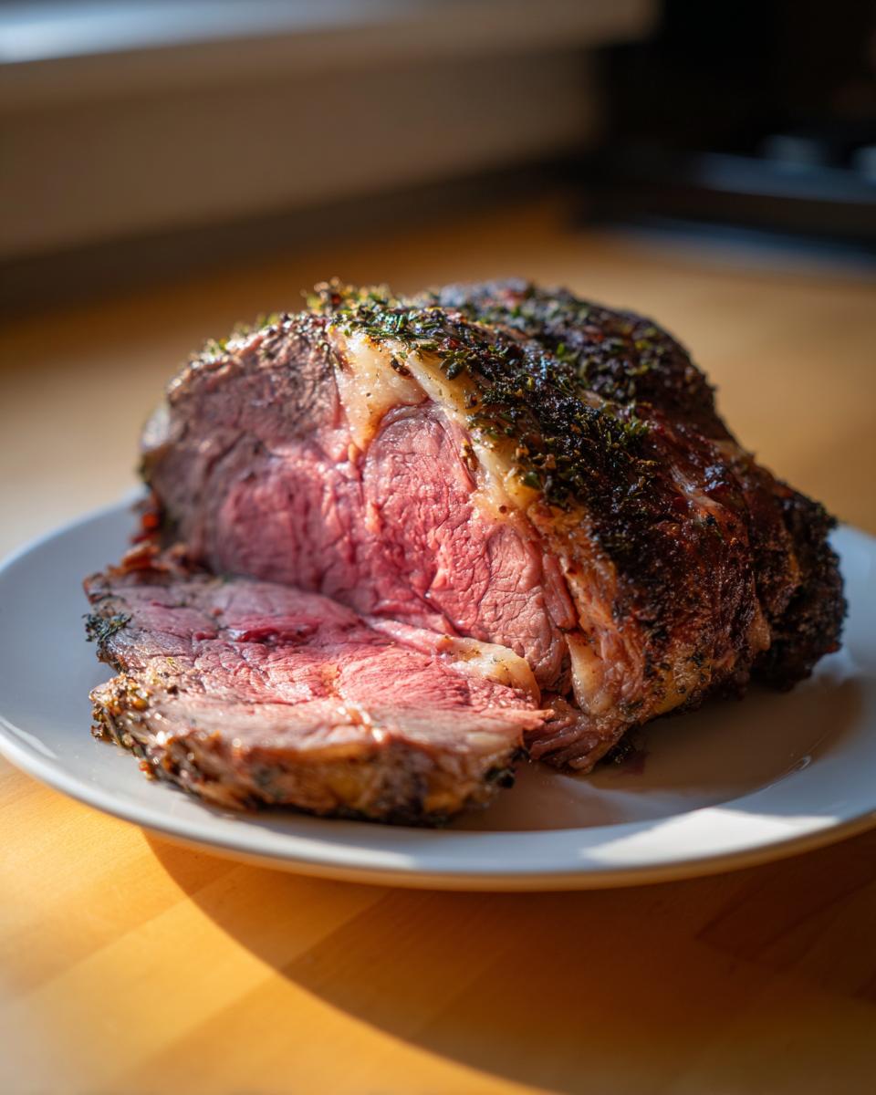 A beautifully cooked, herb-crusted rib roast, sliced to show a perfect medium-rare center.