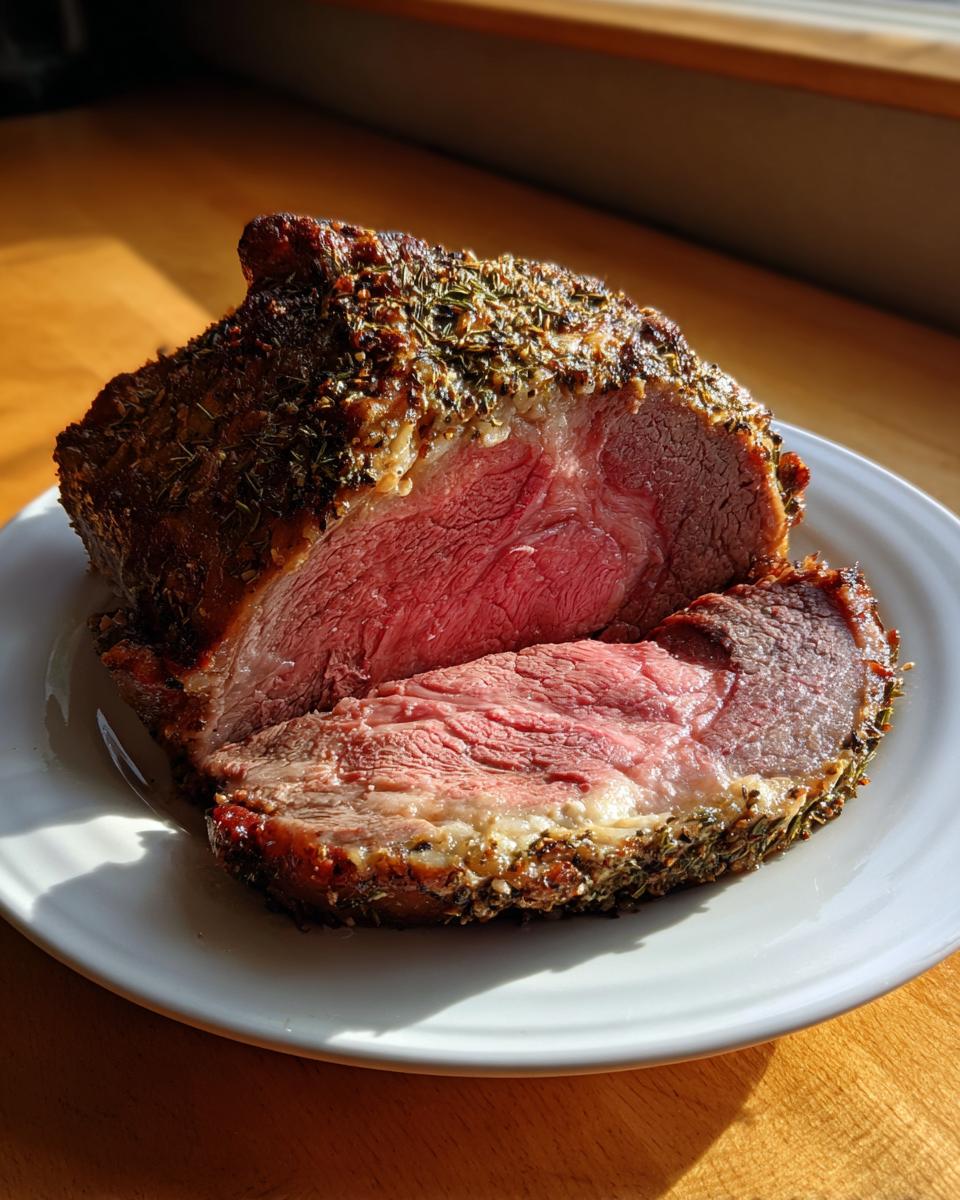 A beautifully cooked rib roast, sliced to show a medium-rare center and herb crust, resting on a white plate.
