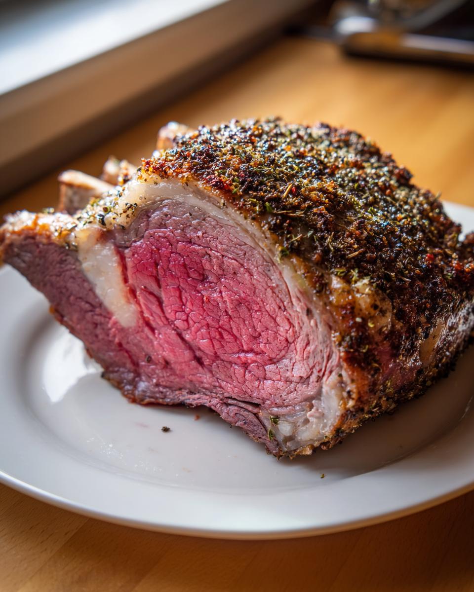 Close-up of a perfectly cooked, medium-rare rib roast slice with a dark herb crust, resting on a white plate.