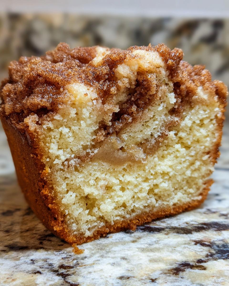 A close-up cross-section of a moist apple crumb cake showing the tender cake crumb, cinnamon swirl, and thick streusel topping.