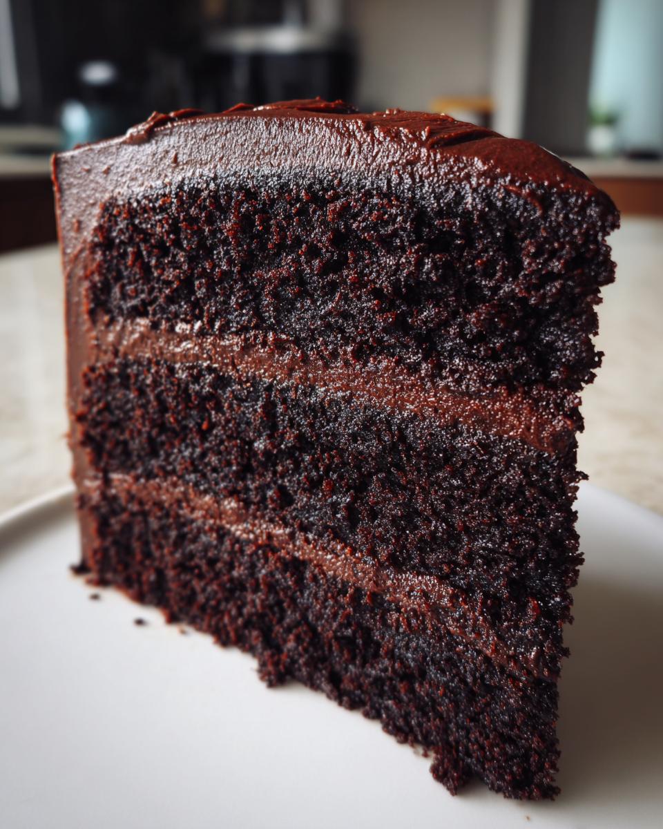 Close-up of a tall, moist slice of chocolate fudge cake with three layers and thick, glossy chocolate frosting.