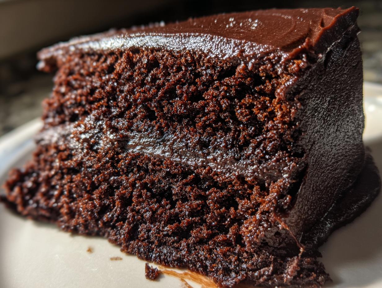Close-up of a rich, dark slice of chocolate fudge cake showing the moist crumb and thick, glossy chocolate frosting.