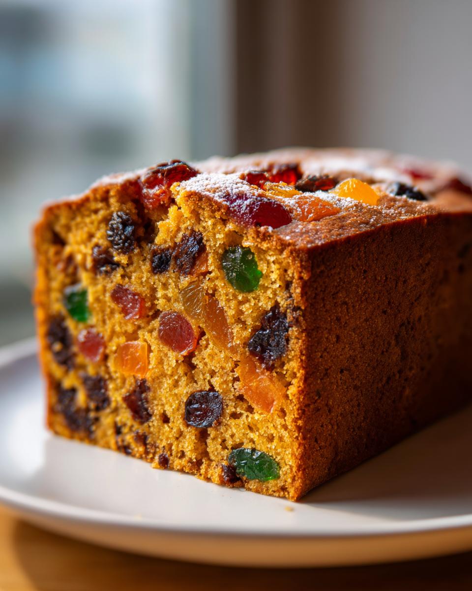 A close-up of a moist fruit cake slice, packed with colorful candied fruits and raisins, lightly dusted with powdered sugar.