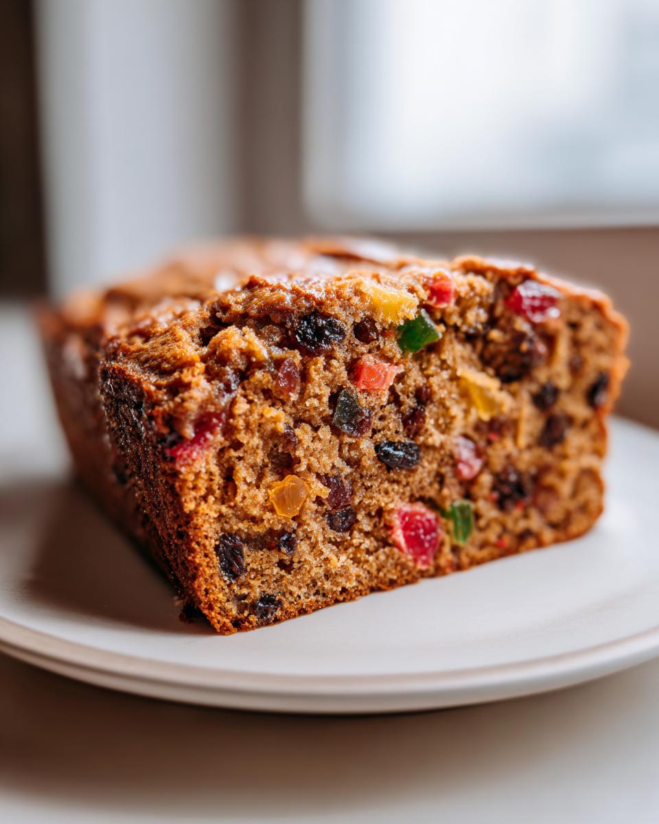 Close-up of a moist fruit cake loaf slice showing rich texture and colorful candied fruit pieces.