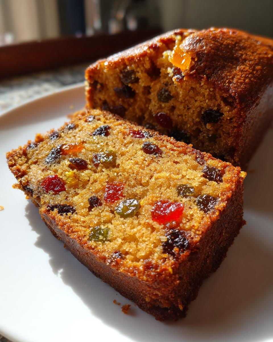 Close-up of a moist fruit cake slice showing colorful candied fruit pieces and raisins throughout the crumb.
