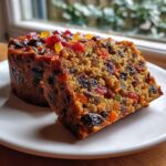 Close-up of a moist slice of fruit cake showing raisins and candied fruit, next to the rest of the fruit cake.