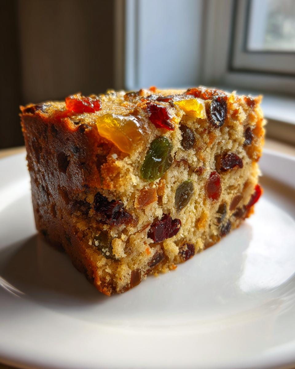Close-up of a moist slice of fruit cake on a white plate, showing rich texture and colorful candied fruit pieces.