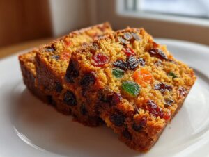 Two moist slices of fruit cake packed with raisins and candied fruit sitting on a white plate.