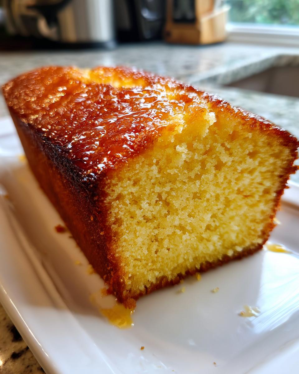 Close-up of a moist, golden slice of rum cake recipe, heavily glazed on top.