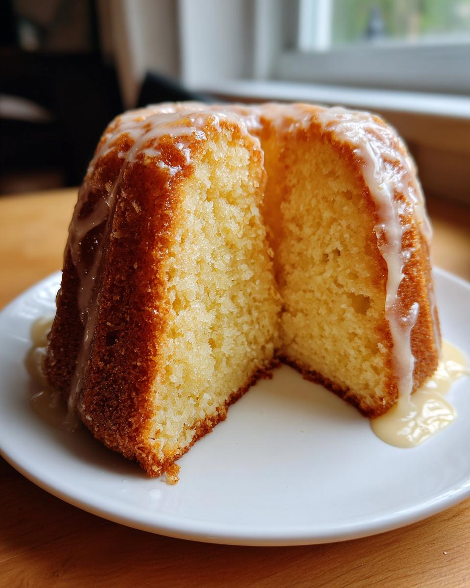 A moist, golden lemon pound cake with a thick white glaze, sliced to show the tender crumb texture.