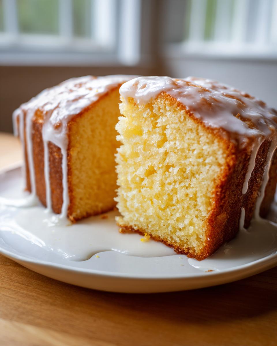 A slice cut from a moist lemon pound cake, topped with white glaze dripping down the sides.