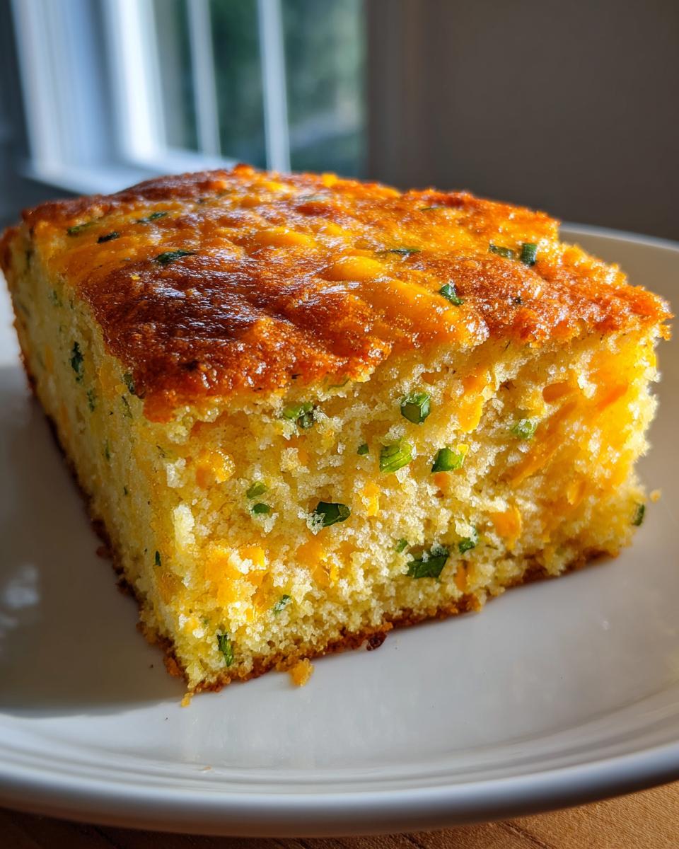 Close-up of a moist slice of Mexican cornbread, featuring visible cheddar cheese and green chives baked in.