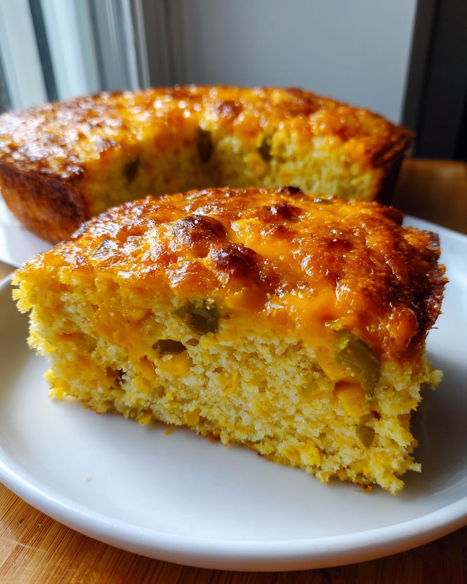 A close-up slice of moist Mexican cornbread topped with melted, browned cheese and visible jalapeño pieces.