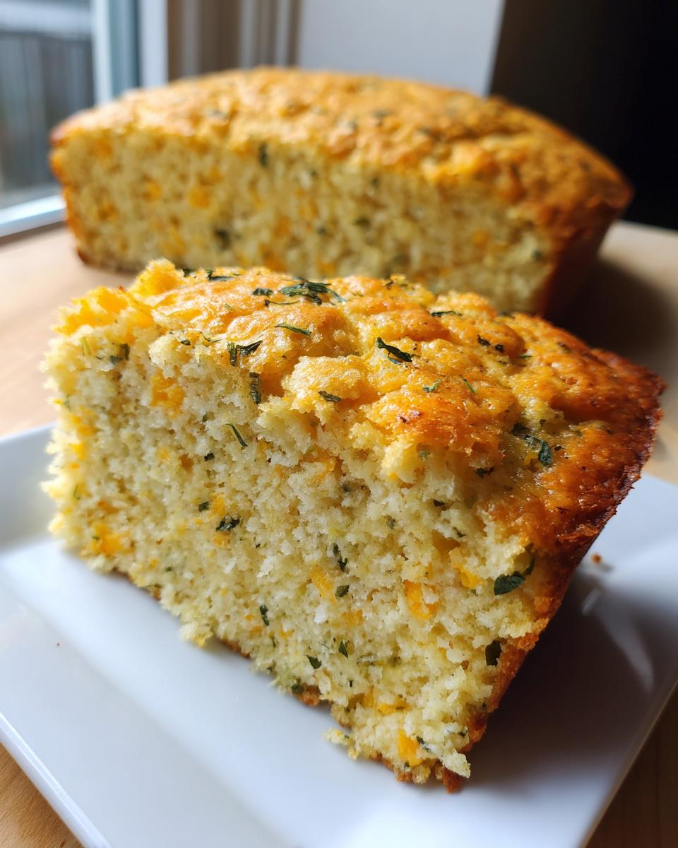 Close-up of a moist slice of Mexican cornbread with visible cheese and herbs on a white plate.