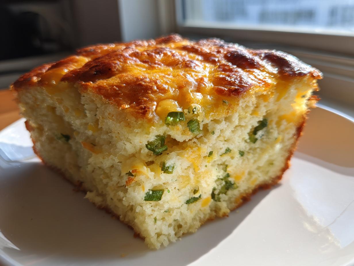 A close-up of a moist slice of Mexican cornbread topped with melted cheese and green onions.