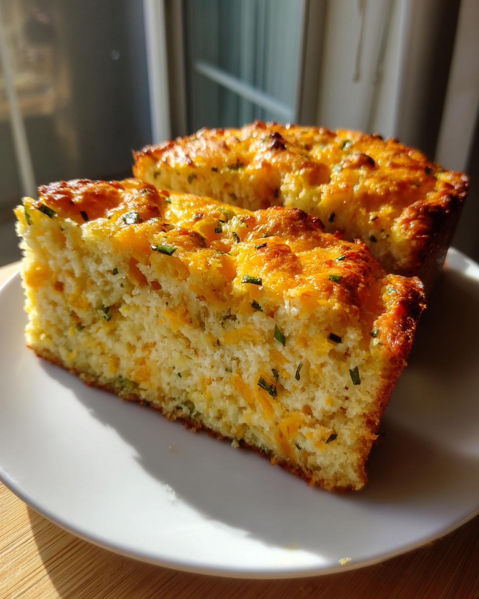 Two slices of moist Mexican cornbread topped with melted cheddar cheese and green herbs on a white plate.