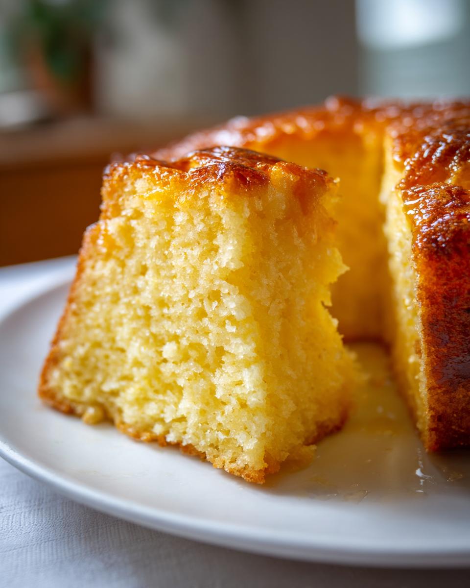 Close-up of a moist slice of golden olive oil cake with a glossy, syrupy glaze.