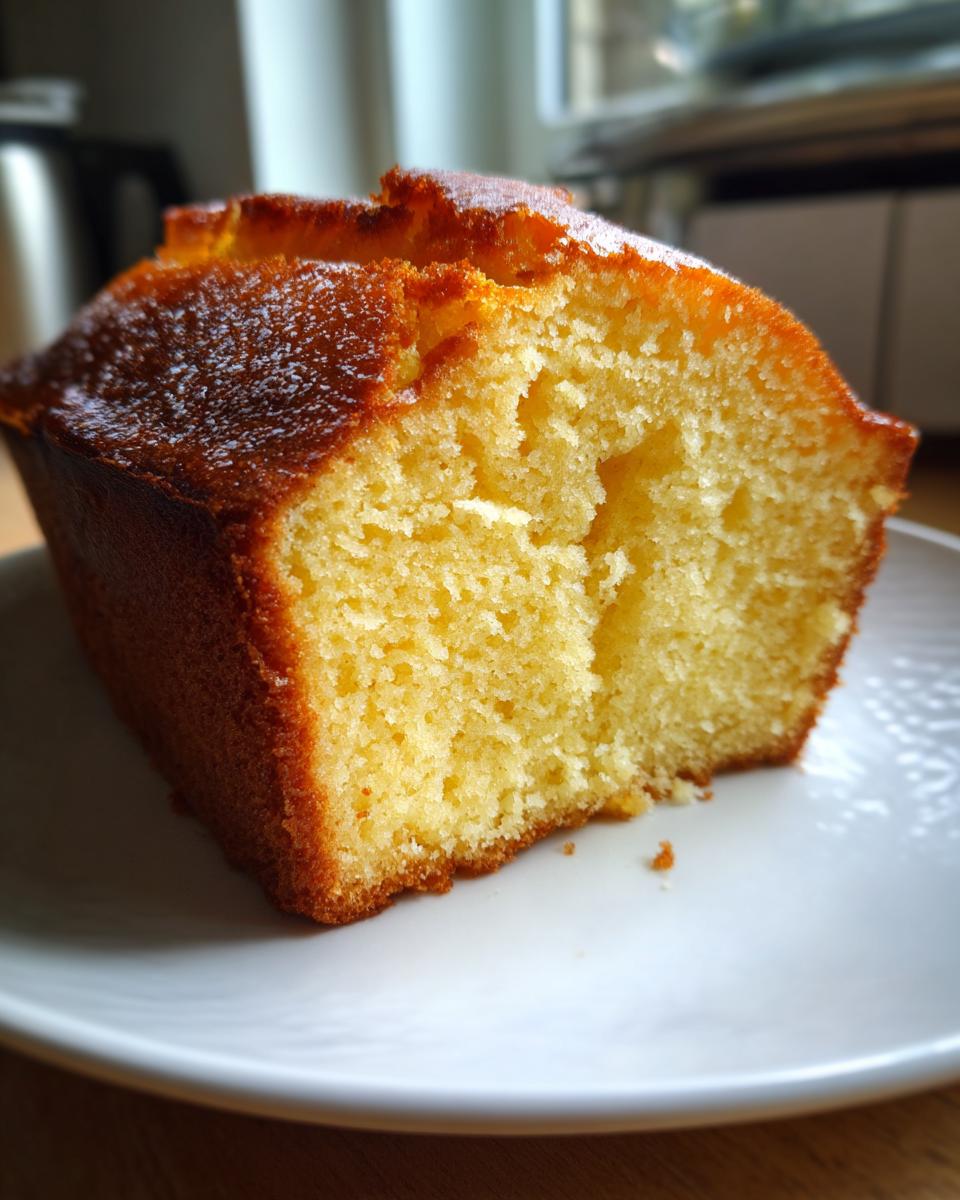 Close-up of a moist, golden slice of homemade olive oil cake on a white plate.