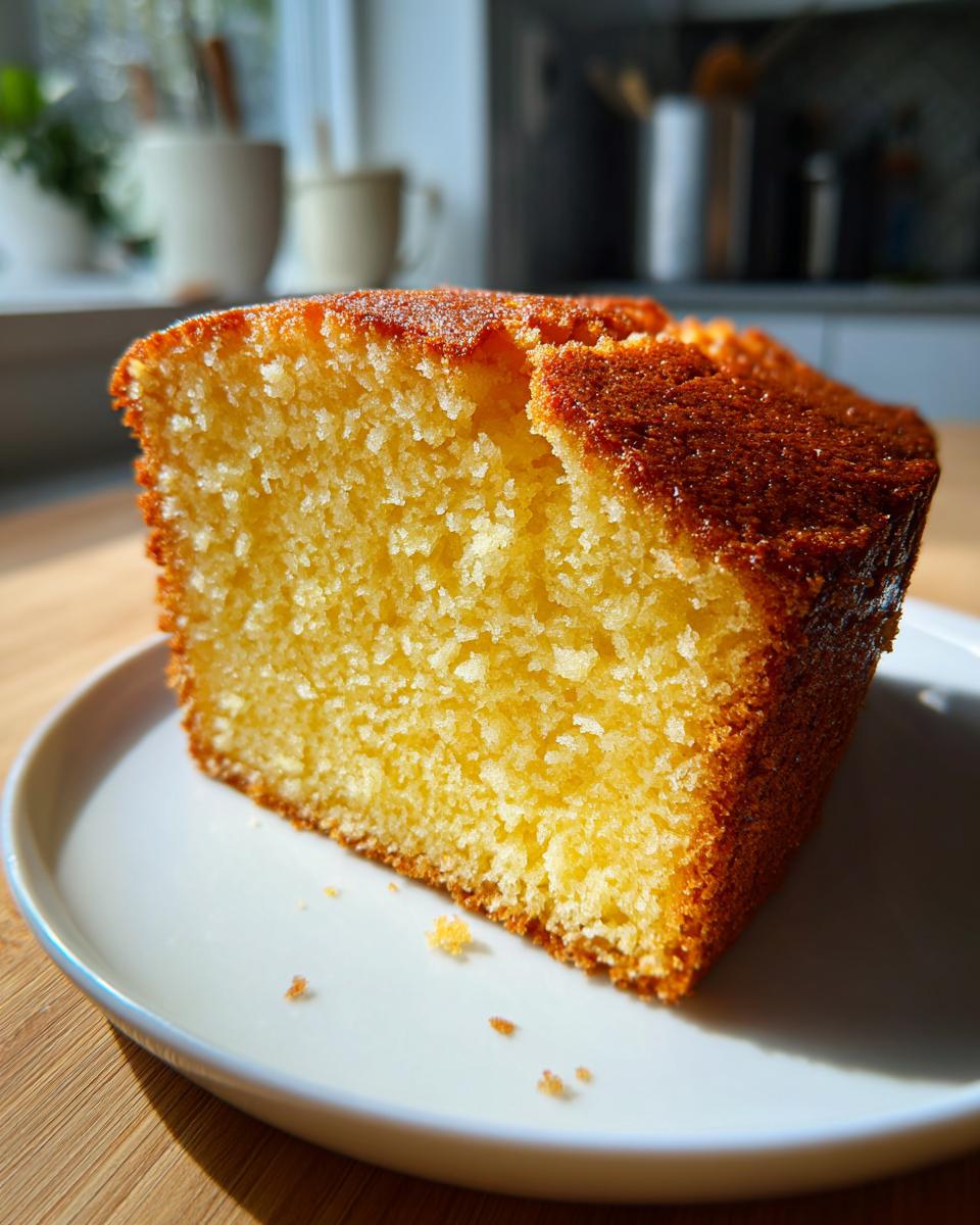 Close-up of a moist, golden slice of olive oil cake on a white plate, showing its fine crumb structure.
