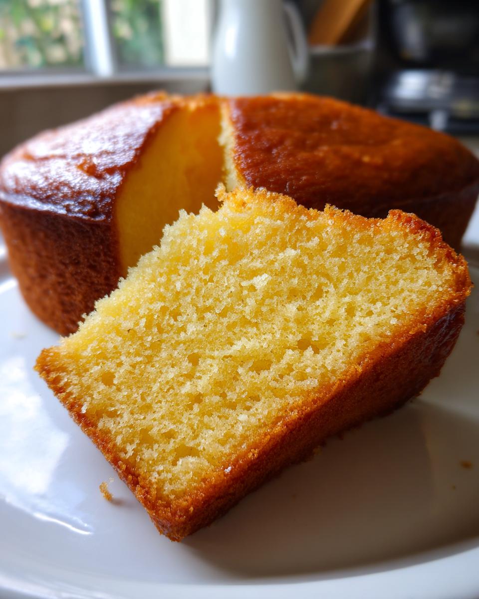 Close-up of a slice of moist, golden olive oil cake with the rest of the cake visible in the background.