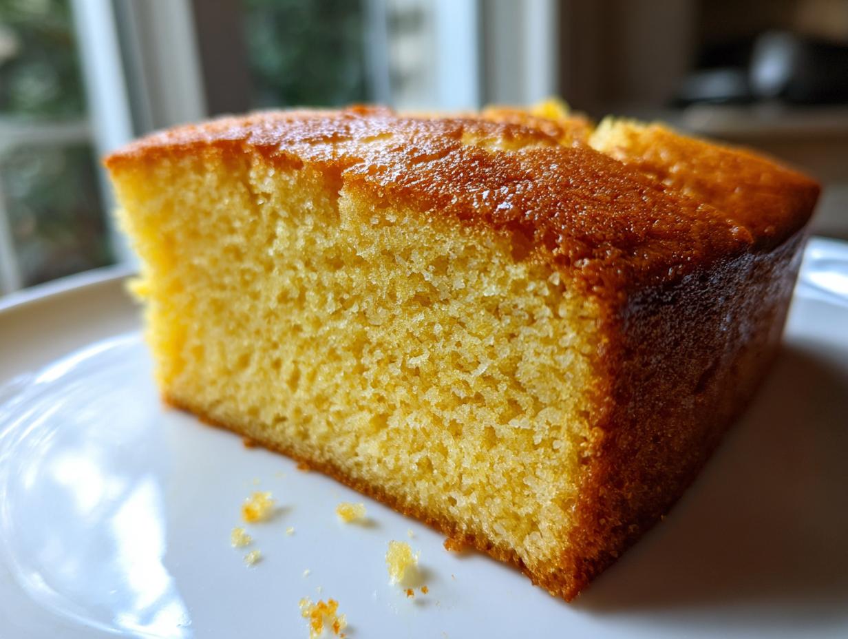 Close-up of a thick slice of golden yellow olive oil cake showing its moist crumb texture on a white plate.