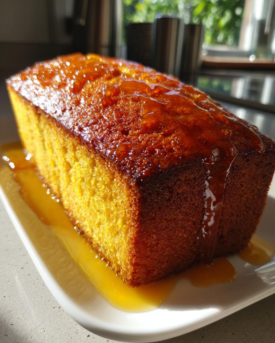 A close-up of a golden loaf cake, likely a rum cake recipe, generously covered in a thick, shiny amber glaze.