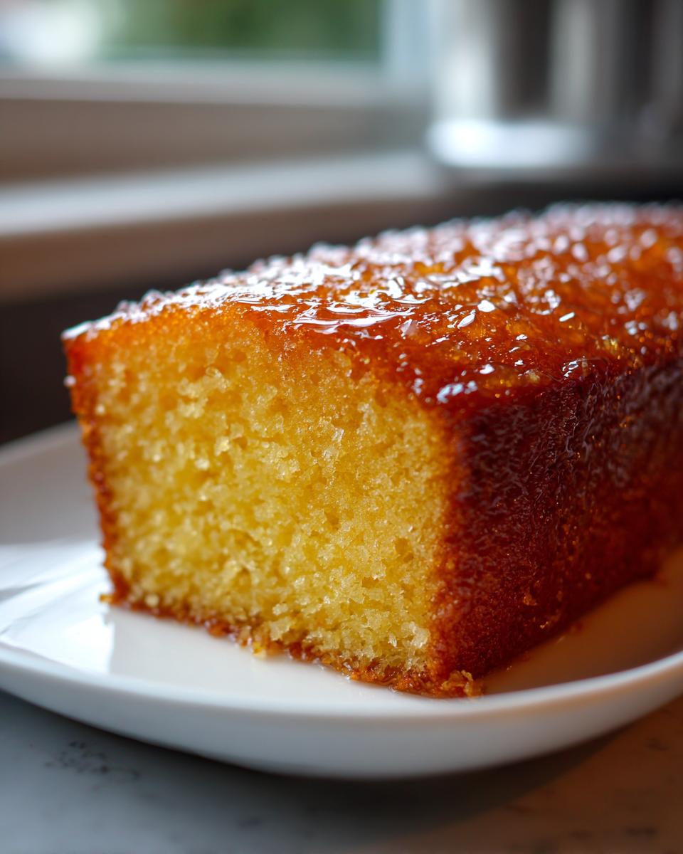 Close-up of a moist, golden slice of rum cake recipe, heavily coated in a shiny, amber glaze.