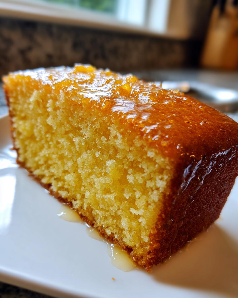 Close-up of a moist slice of rum cake recipe, showing the yellow crumb texture and shiny glaze dripping onto a white plate.