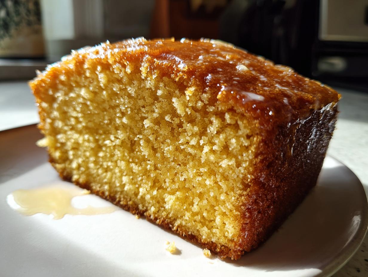 Close-up of a moist, golden slice of rum cake recipe, glistening with a sweet glaze.