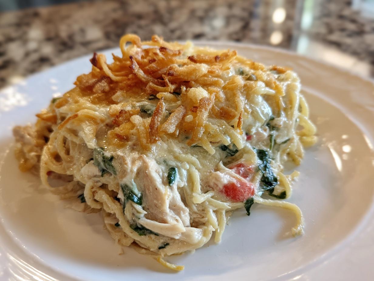 A close-up serving of creamy Monterey chicken spaghetti topped with crispy fried onions.